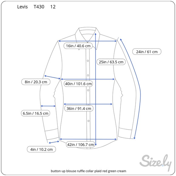 button up blouse ruffle collar plaid red green cream - Picture 12 of 12